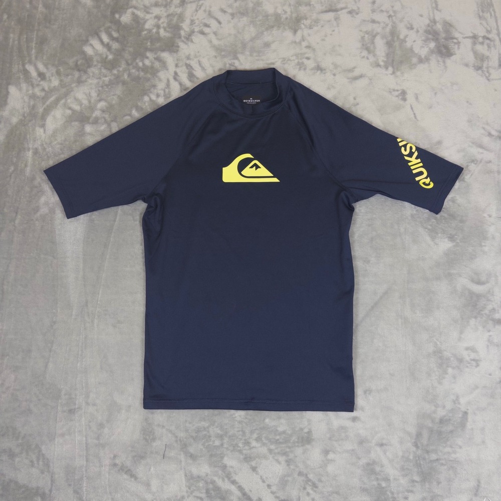 Quiksilver Mens Navy Blue Yellow Logo Rash Guard Short Sleeve Swim Shirt Large
